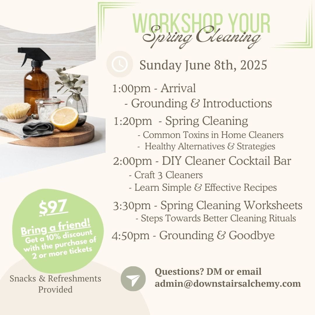 Workshop itinerary for 'Workshop Your Spring Cleaning': includes strategy worksheets, priority breakdown, how to make DIY home cleaning products that are eco-friendly and low toxin, such as laundry detergent, all purpose spray, and dishwasher detergent. Also includes event details such as price, date, and time.
