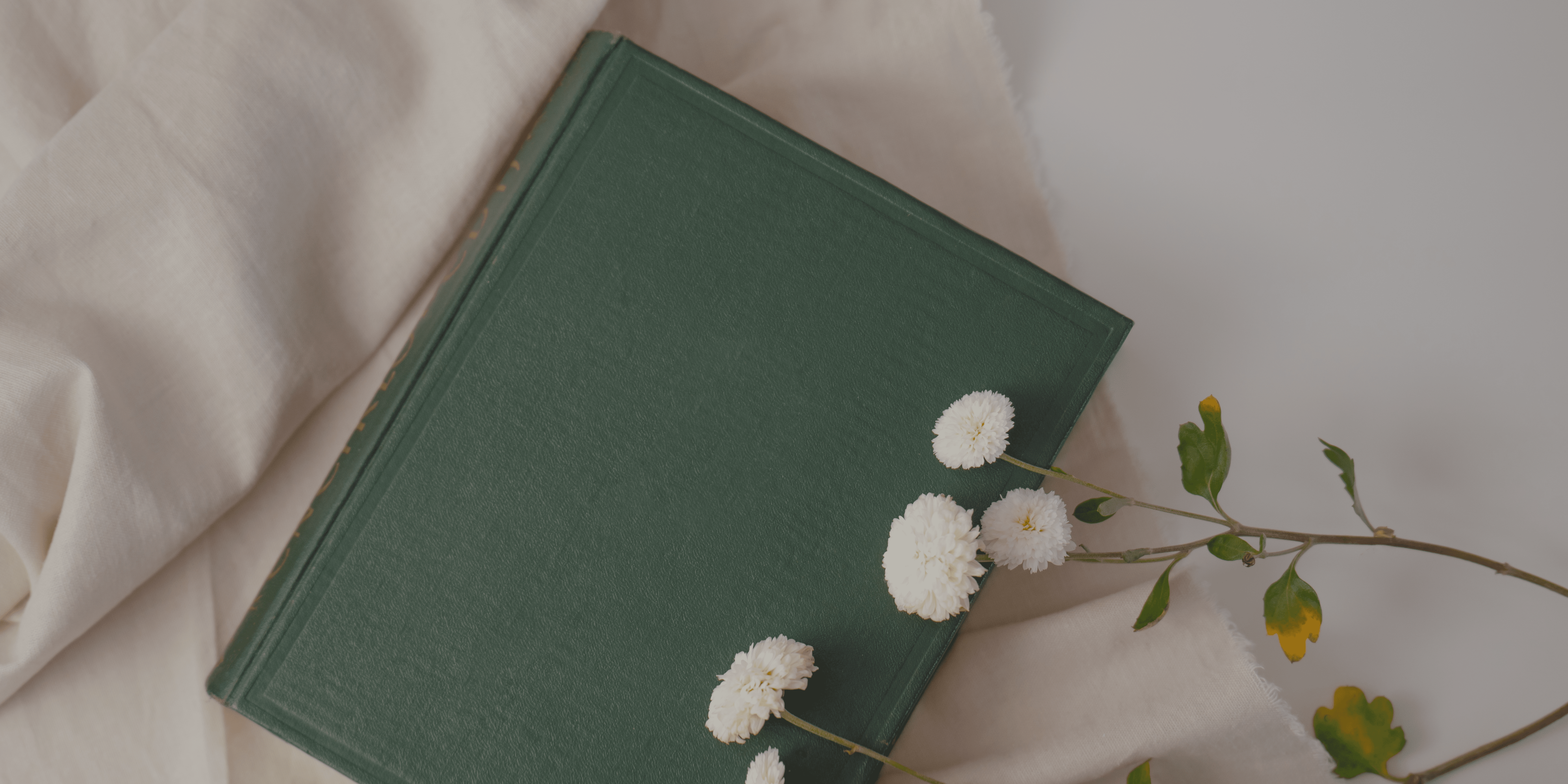 Green Book with Flower Flat Lay A green book with a flower resting on top, laid on a textured neutral background