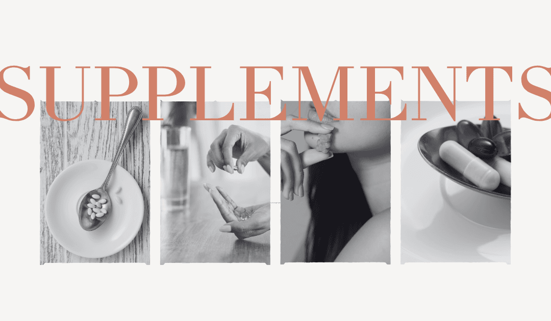 Collage of pills and women holding or taking vitamins with the word “Supplements” overlaid